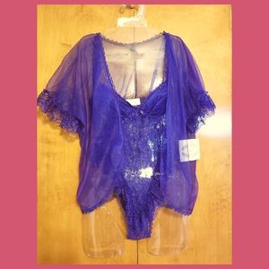 SEXY VTG 90s Cachet Purple Lace Teddy Bodysuit w/ Robe 2-Piece Negligée Set